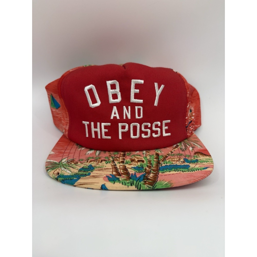 OBEY And The Posse Snapback Hat Tropical Hawaiian Palm Trees Red OSFA
